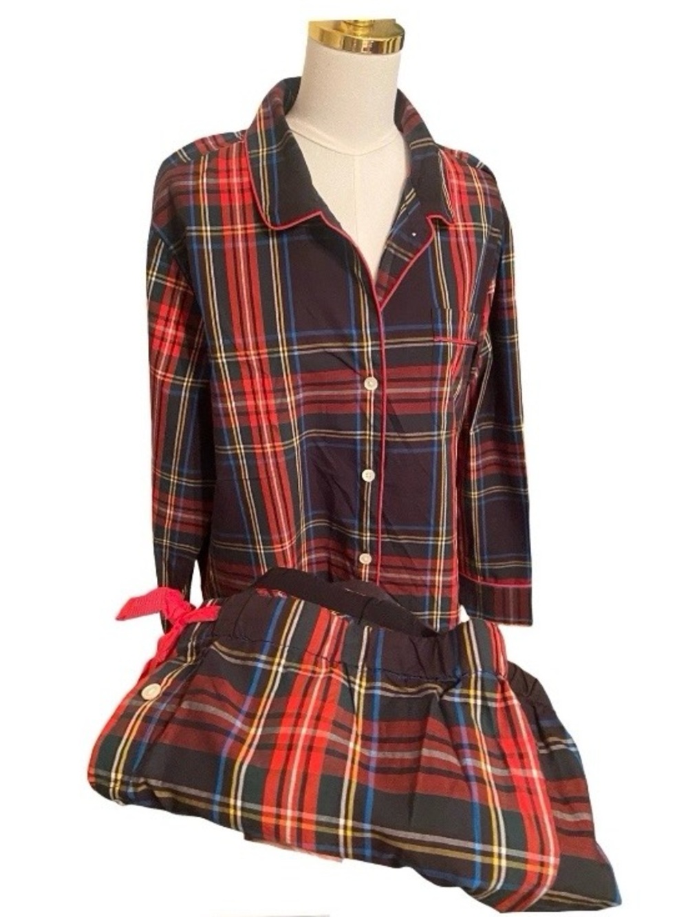 J Crew Women’s Cotton Pajamas XL Plaid Lightweight Red Black Drawstring